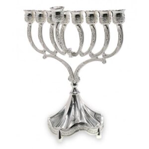 Nickel Plated Hanukkah Menorah, Decorative Base and Branches – 9 Inches Height