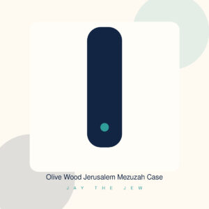 Olive Wood Jerusalem Mezuzah Case in the friendly Jay The Jew product style with warm ivory, navy, gold, teal, and terracotta tones